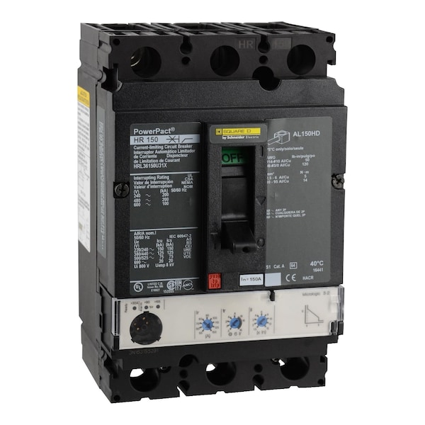 Square D Molded Case Circuit Breaker, HRA Series, 150A, 3 Pole, 600V AC, 200kA at 240V AC - HRL36150U31X