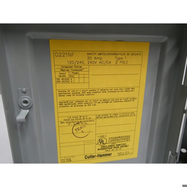 Eaton Cutler-Hammer INTERRUPTOR DE SEGURIDAD DE 2P 30A AMP 120/240V-CA INTERRUPTOR DE DESCONECTE NO FUSIBLE - G221NF
