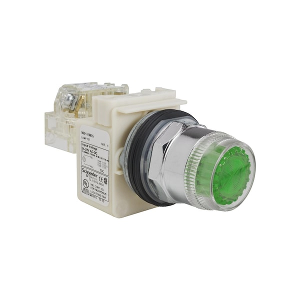Cabeza de botón pulsador iluminado Square D, Harmony 9001K, metal, cubierta de plástico empotrada, verde, 30mm, retorno por resorte, 24-28V - 9001K1L35G