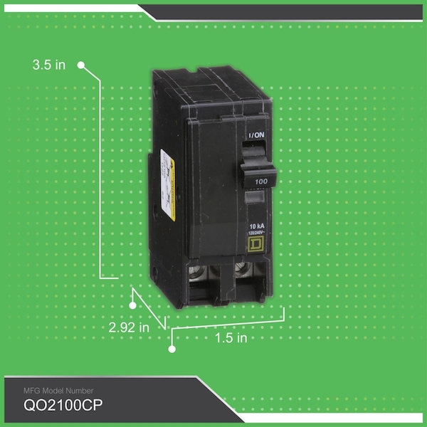 Square D Miniature Circuit Breaker, QO Series, 100A, 2 Pole, 120/240V AC, 10kA at 120/240V AC - QO2100CP