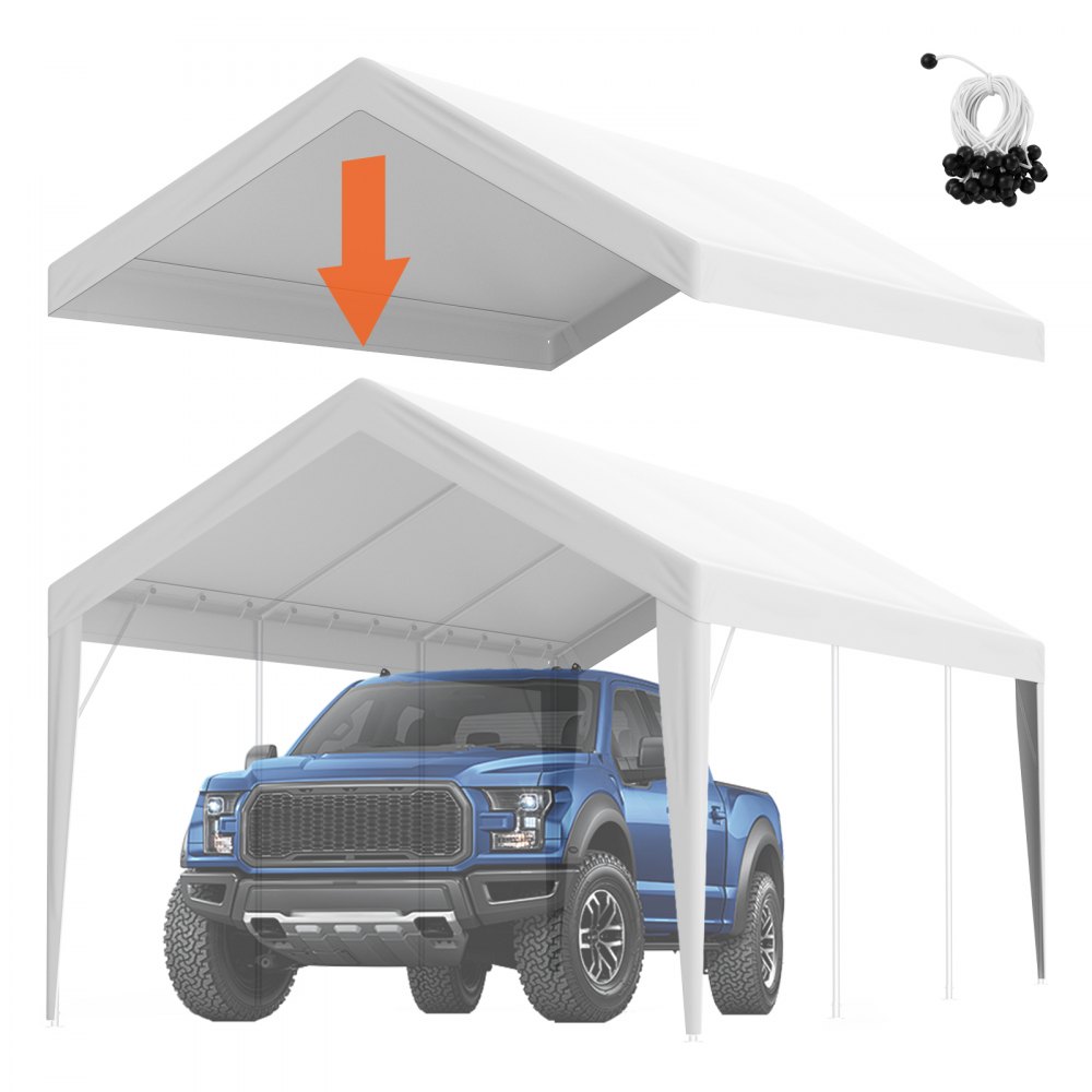 VEVOR Carport Replacement Canopy Cover 10 x 20 ft, Garage Top Tent Shelter Tarp Heavy-Duty Waterproof & UV Protected, Easy Installation with Ball Bungees,White (Only Top Cover, Frame Not Include) - CKPB10X20FTD1VXCBV0