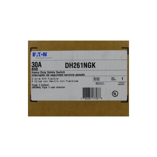Interruptor de seguridad fusible de una sola posición de servicio pesado Eaton, 30 A, NEMA 1, acero pintado - DH261NGK