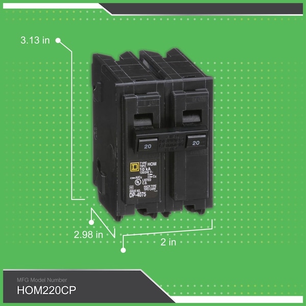 Square D Miniature Circuit Breaker, HOM Series, 20A, 2 Pole, 120/240V AC, 10kA - HOM220CP