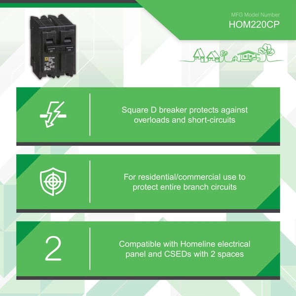 Square D Miniature Circuit Breaker, HOM Series, 20A, 2 Pole, 120/240V AC, 10kA - HOM220CP