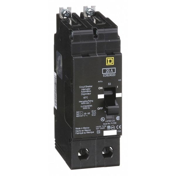 Square D Miniature Circuit Breaker, EDB Series, 20A, 2 Pole, 277/480V AC, 25kA at 120V AC - EDB24020