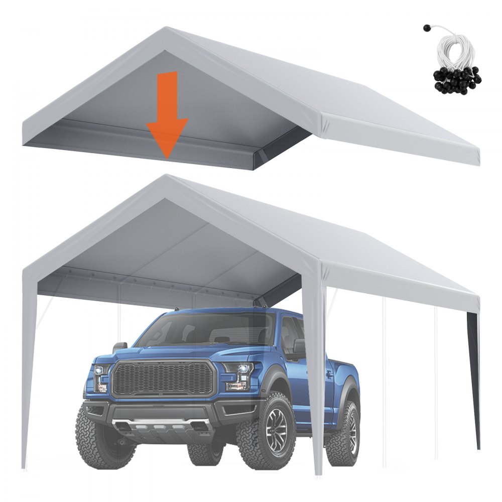 VEVOR Carport Replacement Canopy Cover 10 x 20 ft, Garage Top Tent Shelter Tarp Heavy-Duty Waterproof & UV Protected, Easy Installation with Ball Bungees,Grey (Only Top Cover, Frame Not Include) - CKPB10X20FTH2ELL4V0