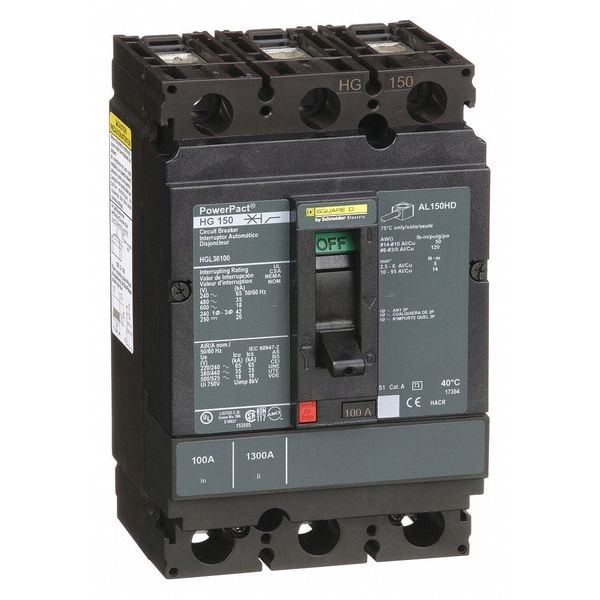 Square D Molded Case Circuit Breaker, HGL Series, 100A, 3 Pole, 600V AC, 65kA at 240V AC - HGL36100