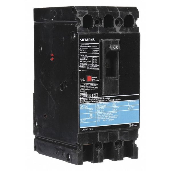 Siemens Molded Case Circuit Breaker, ED2 Series, 60A, 3 Pole, 240V AC, 10kA at 240V AC - ED23B060
