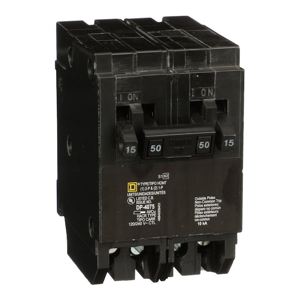 Square D Miniature Circuit Breaker, HOMT Series, 15A, 2x1, 1x2 Pole, 120/240V AC, 10kA - HOMT1515250