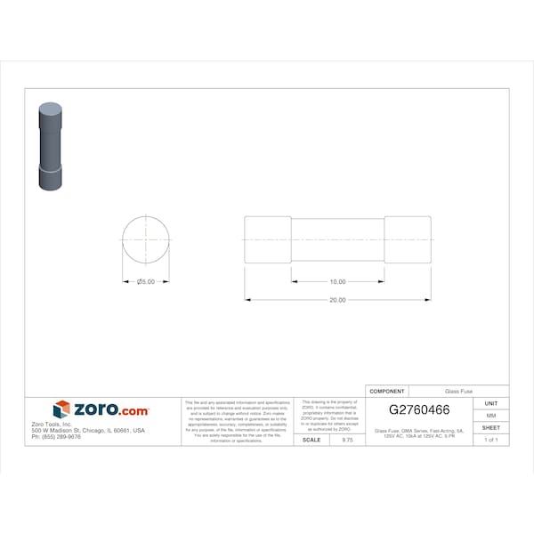 Eaton Bussmann Glass Fuse, GMA Series, Fast-Acting, 5A, 125V AC, 10kA at 125V AC, 5 PK - GMA-5-R
