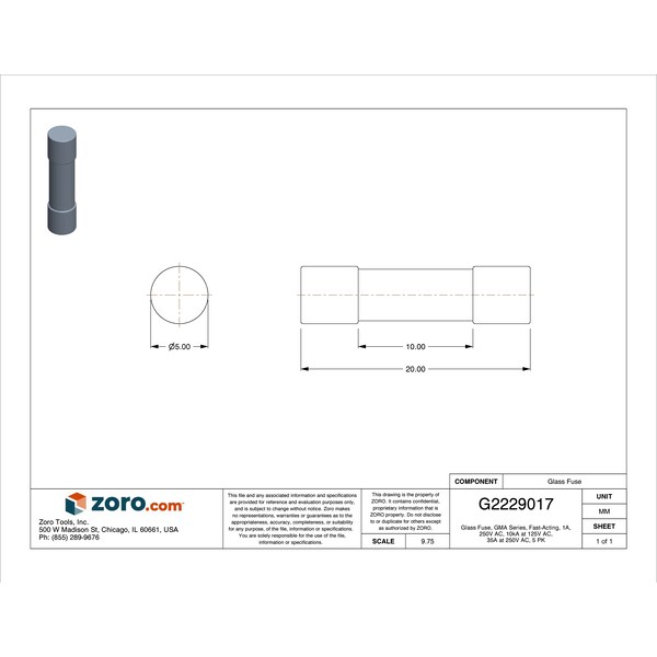 Eaton Bussmann Glass Fuse, GMA Series, Fast-Acting, 1A, 250V AC, 10kA at 125V AC, 35A at 250V AC, 5 PK - GMA-1-R