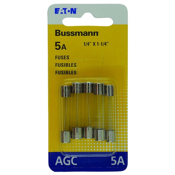 Eaton Bussmann Glass Fuse, AGC Series, Fast-Acting, 5A, 250V AC, 10kA at 125V AC, 200A at 250V AC, 5 PK - BP/AGC-5-RP