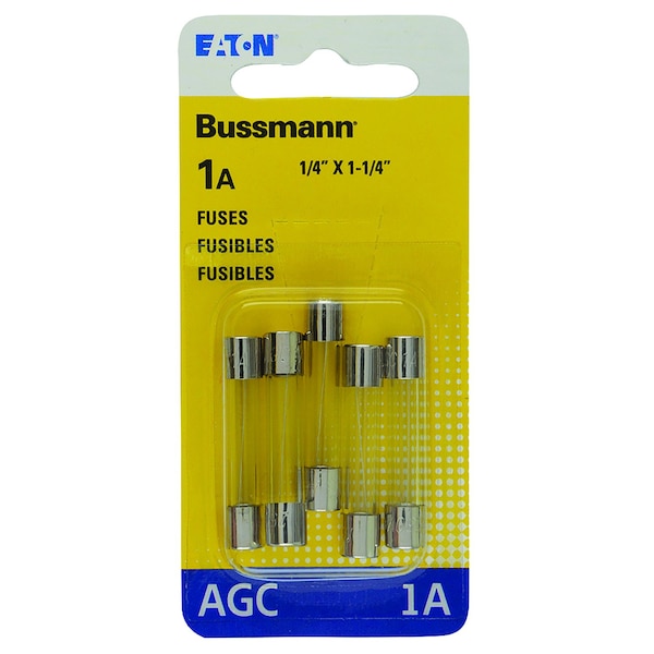 Eaton Bussmann Glass Fuse, AGC Series, Fast-Acting, 1A, 250V AC, 10kA at 125V AC, 35A at 250V AC, 5 PK - BP/AGC-1-RP