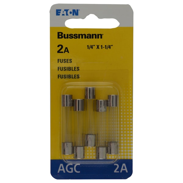 Eaton Bussmann Glass Fuse, AGC Series, Fast-Acting, 2A, 250V AC, 100A at 250V AC, 10kA at 125V AC, 5 PK - BP/AGC-2-RP