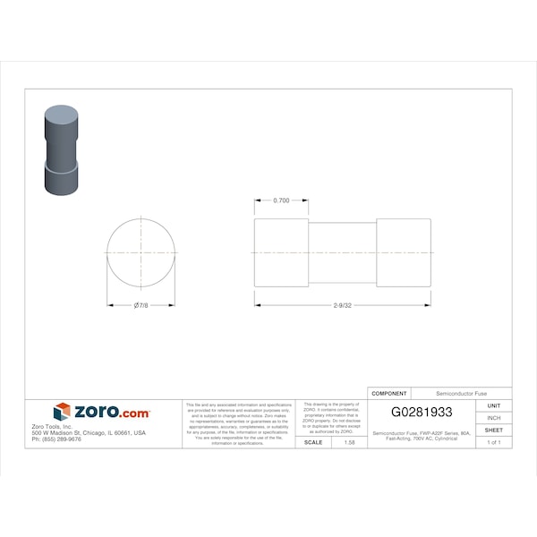 Eaton Bussmann Semiconductor Fuse, FWP-A22F Series, 80A, Fast-Acting, 700V AC, Cylindrical - FWP-80A22F