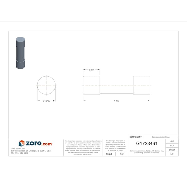 Eaton Bussmann Semiconductor Fuse, FWC-A10F Series, 16A, Fast-Acting, 600V AC, Cylindrical - FWC-16A10F