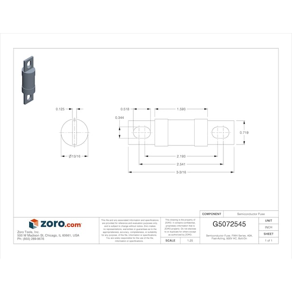 Eaton Bussmann Semiconductor Fuse, FWH Series, 40A, Fast-Acting, 500V AC, Bolt-On - FWH-40B