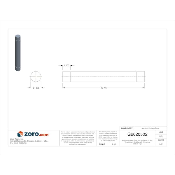 Eaton Bussmann Medium-Voltage Fuse, CAVH Series, 0.50A, Time-Delay, 15,500V AC, Cylindrical, VT Link Type - 15.5CAVH0.5E