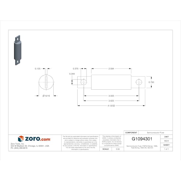 Eaton Bussmann Semiconductor Fuse, FWP-B Series, 100A, Fast-Acting, 700V AC, Bolt-On - FWP-100B