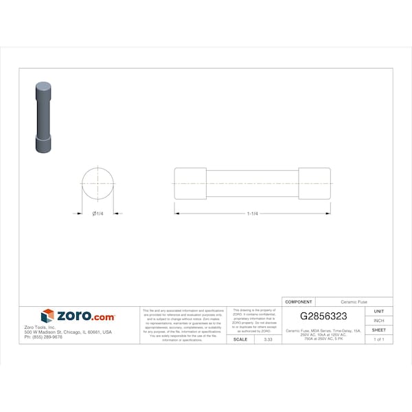 Eaton Bussmann Ceramic Fuse, MDA Series, Time-Delay, 15A, 250V AC, 10kA at 125V AC, 750A at 250V AC, 5 PK - MDA-15-R