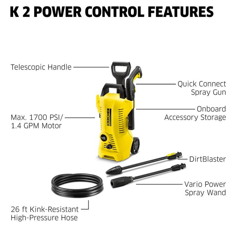 Karcher 2000 Max PSI 1.45 GPM K 2 Power Control Cold Water Corded Electric Pressure Washer Plus Vario and DirtBlaster Wands - 1.673-609.0