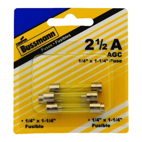 Eaton Bussmann Glass Fuse, AGC Series, Fast-Acting, 2.50A, 250V AC, 100A at 250V AC, 10kA at 125V AC, 5 PK - BP/AGC-2-1/2-RP