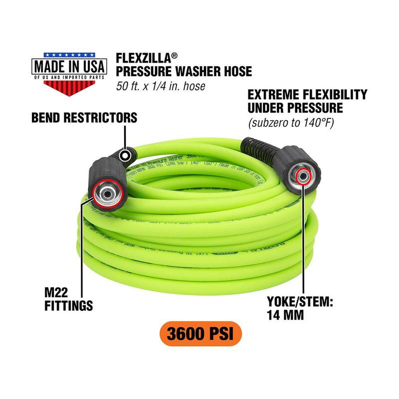 Flexzilla 1/4 in. x 50 ft. 3600 PSI Pressure Washer Hose with M22 Fittings - HFZPW36450M