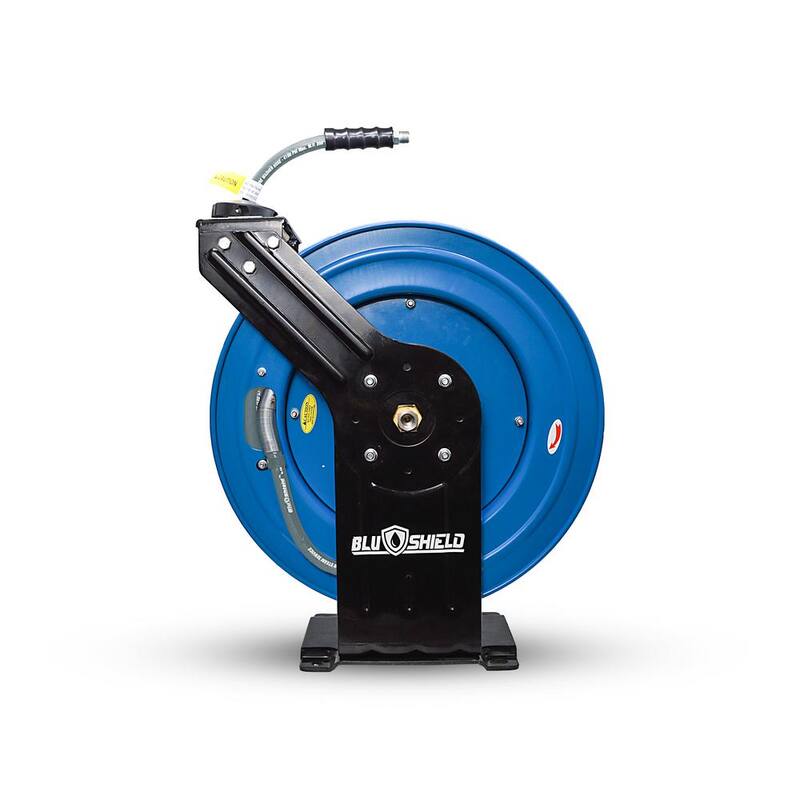 BLU SHIELD 1/4 in. x 100 ft. 3000 PSI Dual Arm Heavy-Duty Pressure Washer Hose Reel and Hose Combo - PWRDA14100-NM