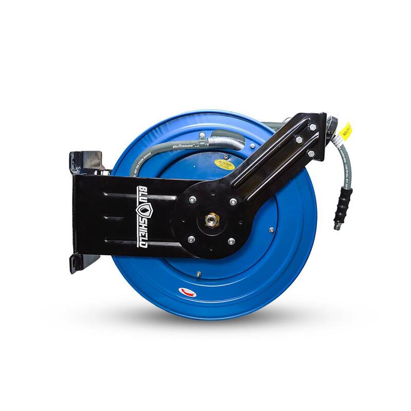 BLU SHIELD 1/4 in. x 100 ft. 3000 PSI Dual Arm Heavy-Duty Pressure Washer Hose Reel and Hose Combo - PWRDA14100-NM