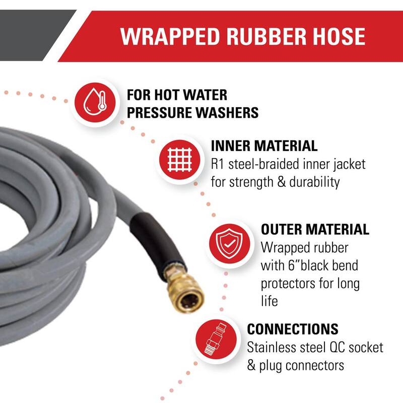 SIMPSON Wrapped Rubber Hose 1/2 in. x 50 ft. for 4500 PSI Hot/Cold Water Pressure Washers - 41183