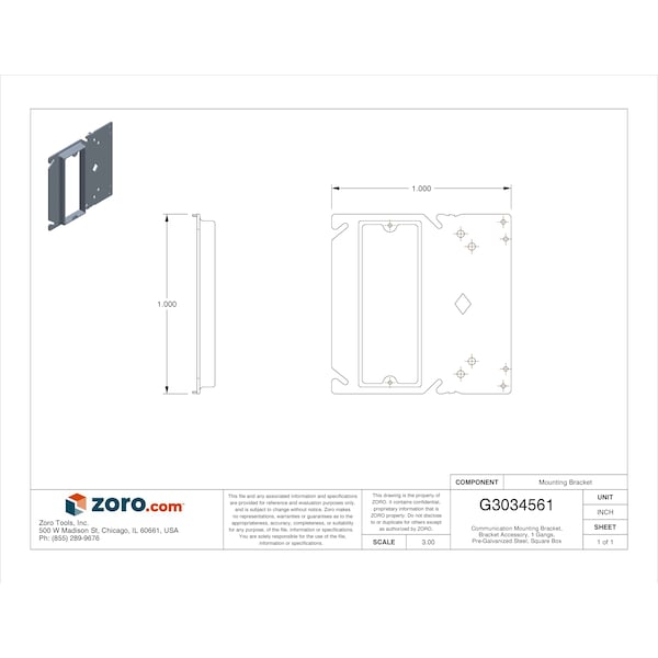 Eaton B-Line Communication Bracket, 1 Gang, Pre-Galvanized Steel, Square Box Type - BB40-10