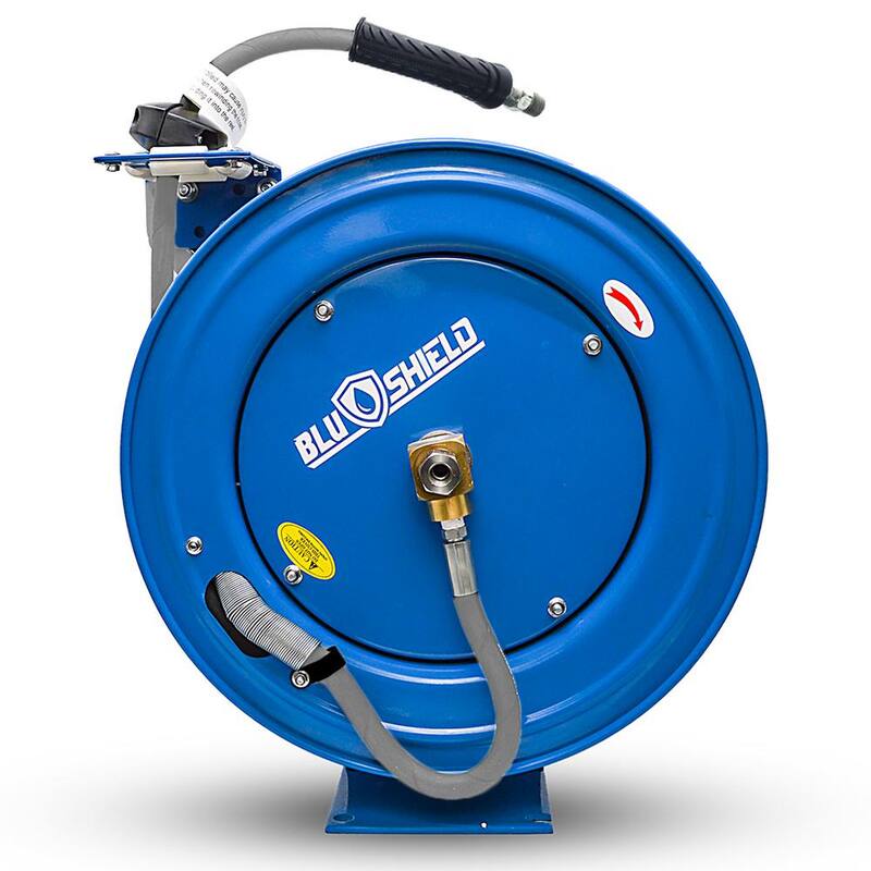 BLU SHIELD 1/4 in. x 50 ft. 3000 PSI Heavy-Duty Single Arm Pressure Washer Hose Reel and Hose Combo - PWRHD1450-NM