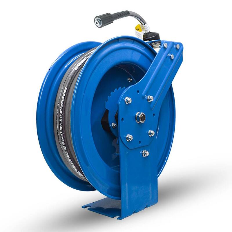 BLU SHIELD 1/4 in. x 50 ft. 3000 PSI Heavy-Duty Single Arm Pressure Washer Hose Reel and Hose Combo - PWRHD1450-NM
