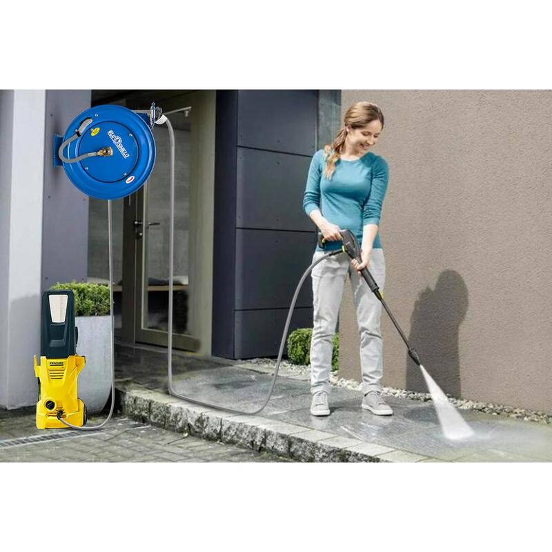 BLU SHIELD 1/4 in. x 50 ft. 3000 PSI Heavy-Duty Single Arm Pressure Washer Hose Reel and Hose Combo - PWRHD1450-NM