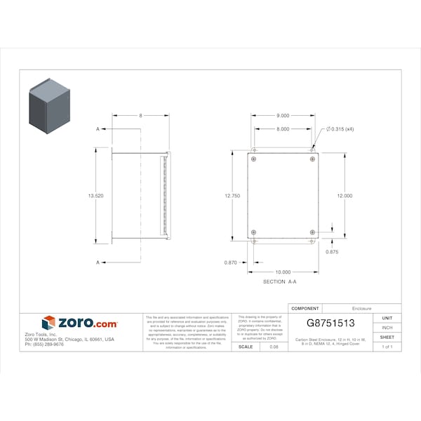 Nvent Hoffman Carbon Steel Electrical Enclosures, 12 in H, 8 in D, 10 in W, NEMA 4, Hinged - A12108CHFL