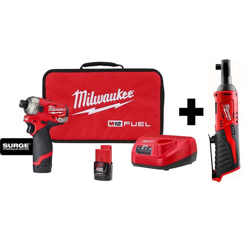 Milwaukee M12 FUEL SURGE 12V Llave de Impacto Inalámbrica sin Escobillas Compacta de 1/4 de pulgada con Batería de Ion de Litio y Kit con Ratchet de 3/8 de pulgada M12 - 2551-22-2457-20.