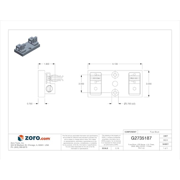 Mersen Open Fuse Block, J UL Class, 1 Poles, 101 to 200A Amp Range, 600V AC/DC Volt Rating - 62001J