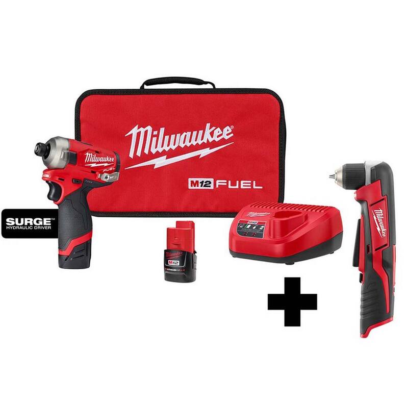 Milwaukee M12 FUEL SURGE 12V Llave de Impacto Inalámbrica de Iones de Litio sin Escobillas de 1/4 de Pulgada Compacta con Taladro Angular Derecho M12 - 2551-22-2415-20