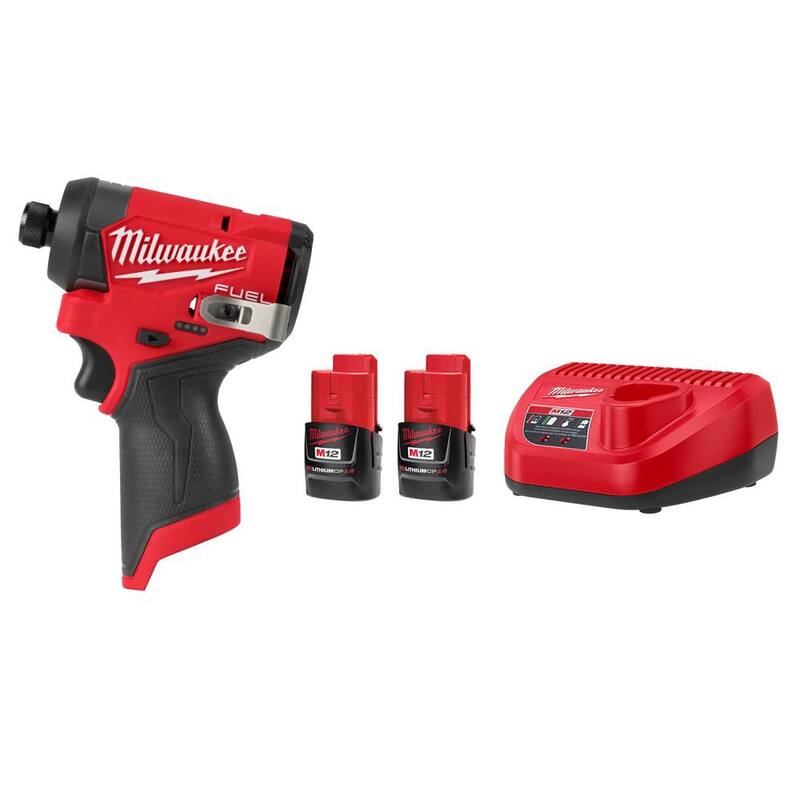 Milwaukee M12 FUEL 12V Impact Driver inalámbrico sin escobillas de iones de litio de 1/4 de pulgada con batería compacta de 2.0 Ah (paquete de 2) - Kit de inicio 3453-20-48-59-2420P.