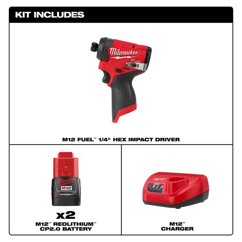 Milwaukee M12 FUEL 12V Impact Driver inalámbrico sin escobillas de iones de litio de 1/4 de pulgada con batería compacta de 2.0 Ah (paquete de 2) - Kit de inicio 3453-20-48-59-2420P.