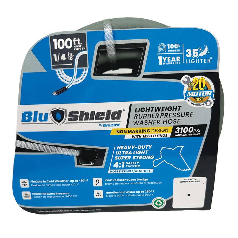 BLU SHIELD 1/4 in. x 100 ft. 3000 PSI Rubber Pressure Washer Hose, Non-Marking with M22 Fittings - PW14100-NM