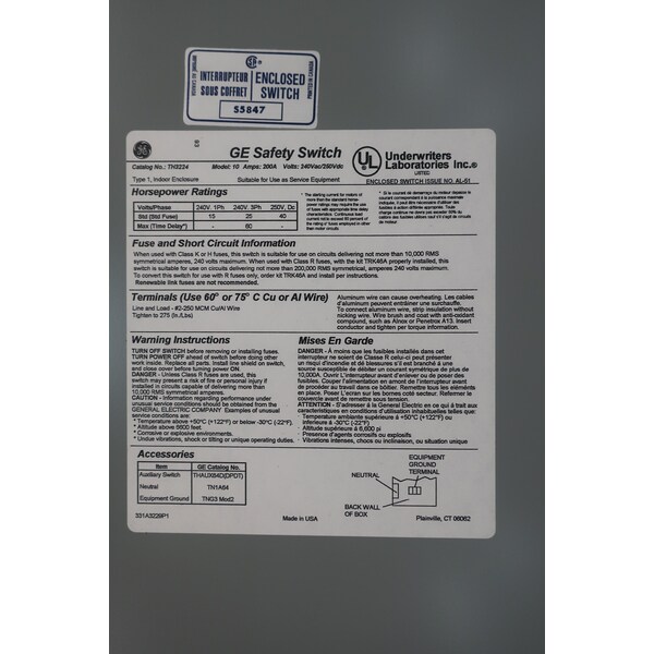 Interruptor de desconexión fusible Ge de 2 polos 200 Amperios 240 V-CA - TH3224