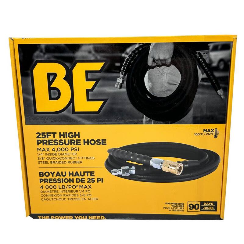 BE POWER EQUIPMENT 1/4 in. x 25 ft. 4,000 PSI Pressure Washer Hose High-Pressure Wire-Braided with Quick-Connects - 85.225.228