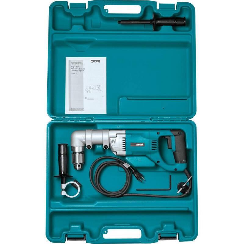 Broca angular reversible con llave de mandril de 1/2 pulgadas y 2 velocidades codificada de 7.5 amperes Makita con mango lateral y estuche de herramientas - DA4000LR