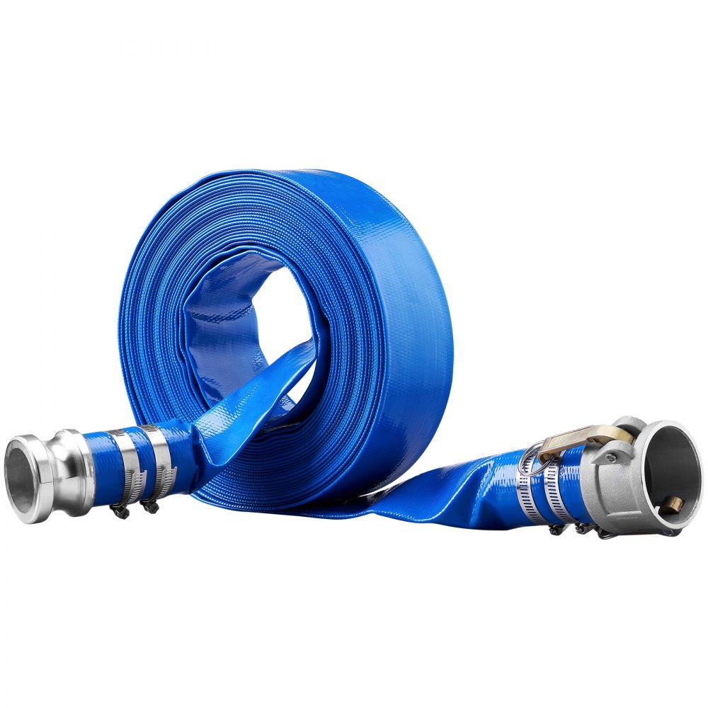 VEVOR Backwash Hose, 2 in x 50 ft, Heavy-Duty PVC Flat Pool Discharge Hose with Aluminum Camlock C & E Fittings, Clamps, Compatible with Pumps, Sand Filters, for Swimming Pools Waste Water Drain, Blue - FCXRG250FTPVCM9TXV0