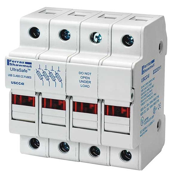 Mersen Finger Safe Fuse Block, CC UL Class, 3 Poles, 0 to 30A Amp Range, 600V AC/DC Volt Rating - USCC3IN