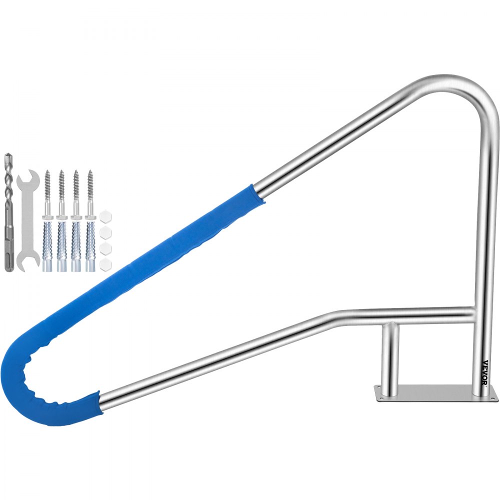 VEVOR Pool Rail 55x32 Pool Railing 304 Stainless Steel 250LBS Load Capacity Silver Rustproof Pool Handrail Humanized Swimming Pool Handrail with Blue Grip Cover & M8 Drill Bit & Self-Taping Screws - BXGYCFS4W55X32YC1V0