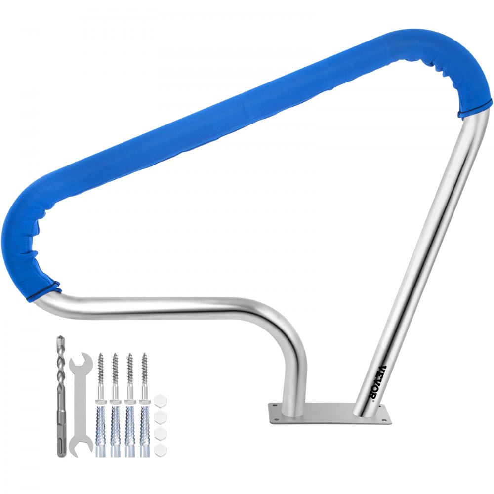 VEVOR Pool Rail 39x32 Pool Railing 304 Stainless Steel 250LBS Load Capacity Silver Rustproof Pool Handrail Humanized Swimming Pool Handrail with Blue Grip Cover & M8 Drill Bit & Self-Taping Screws - BXGYCFS3W39X32YC1V0