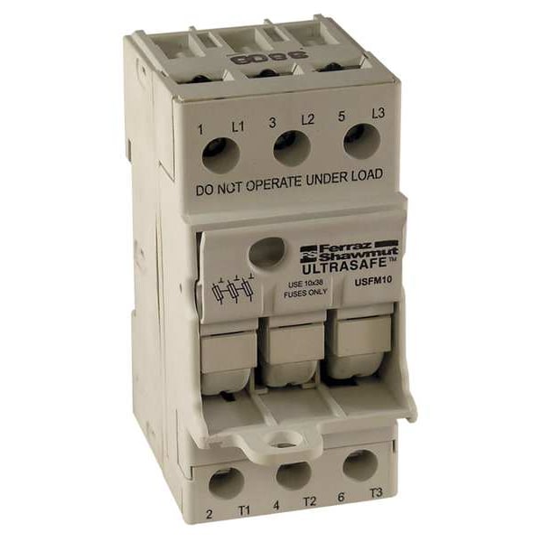 Mersen Finger Safe Fuse Block, CC UL Class, 3 Poles, 0 to 30A Amp Range, 600V AC/DC Volt Rating - USFMCC
