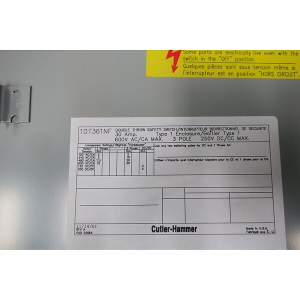 Interruptor de desconexión no fusible Eaton Cutler-Hammer de 3P 30A AMP 600V-AC 250V-DC - 1DT361NF